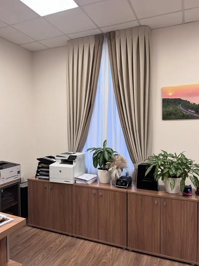 Smėlio spalvos užuolaidos su klostėmis biuro lange su augalais ir medine komoda