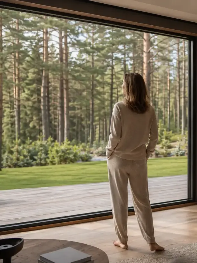 Moteris žiūri pro didelius panoraminius langus į pušyną ir terasą modernioje svetainėje