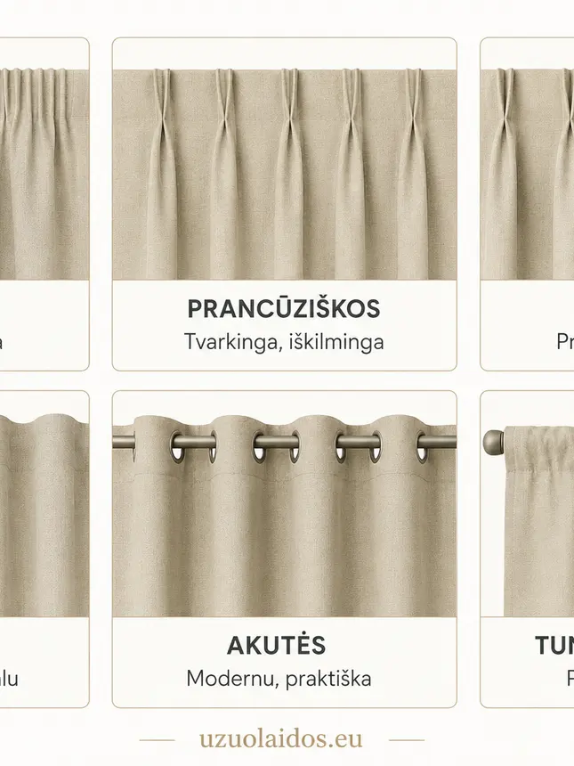 Užuolaidų klosčių tipai: pieštukinės, prancūziškos, taurės, banginės, akutės ir tunelinis viršus