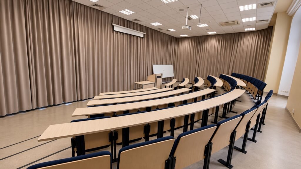 Ištisinė smėlio spalvos užuolaidų siena ISM universiteto auditorijoje, vaizdas nuo galinių eilių