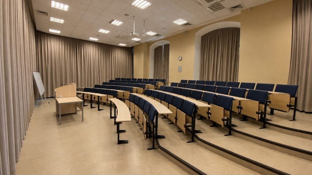 ISM universiteto auditorija Vilniuje: smėlio spalvos užuolaidos nuo lubų iki grindų dengia visą sieną ir arkinius langus